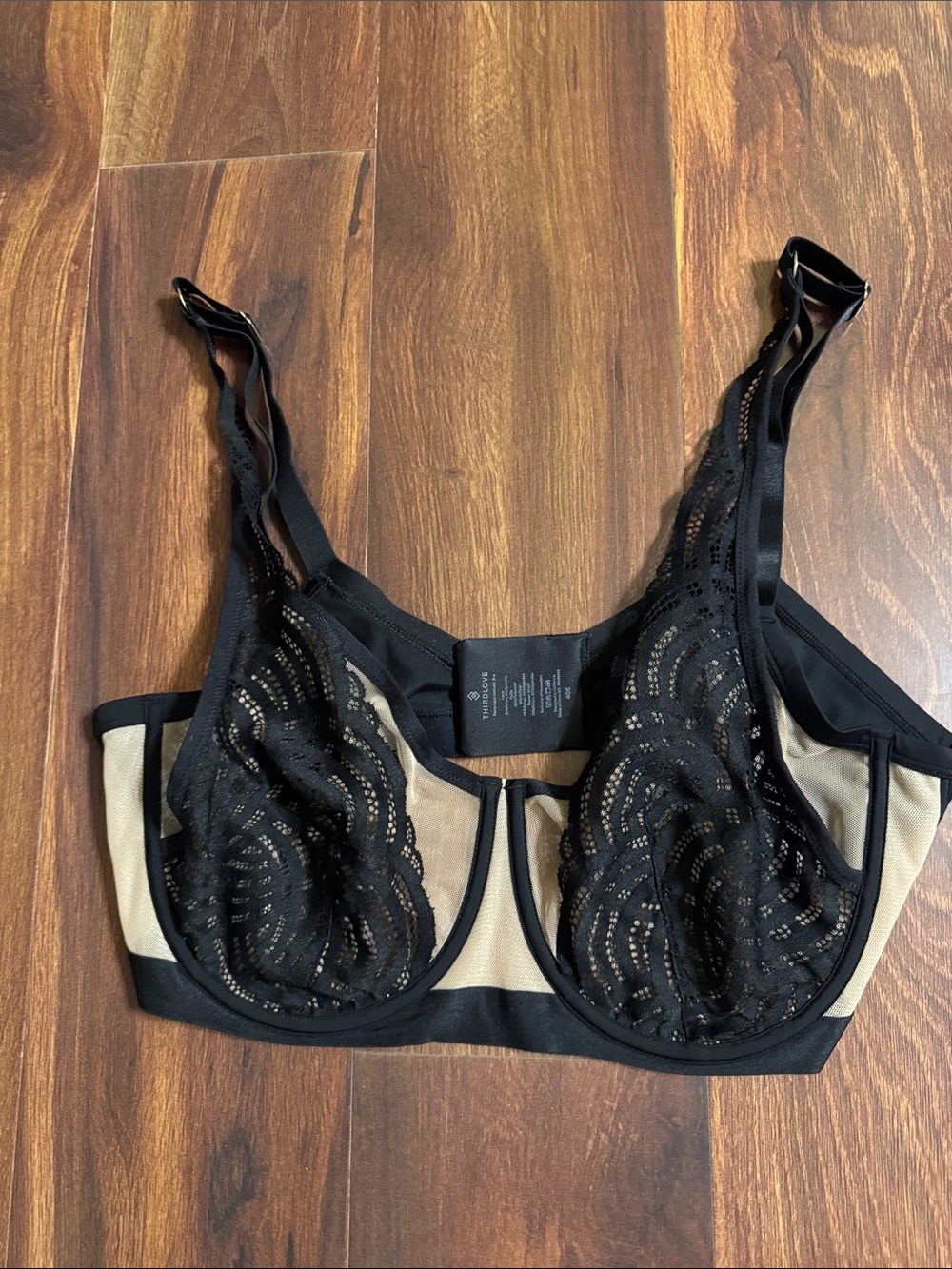 ThirdLove Black Lace Underwire Bra with Nude Panels Size 40E